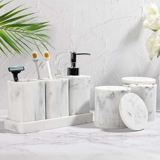 YMXYJM Bathroom Accessories Set, 6 Piece Bathroom Set with Toothbrush Holders, Soap Dispenser, Vanity Tray, Tumbler, Cotton Swab Jars, Bathroom Organizer，Bathroom Sink Sets, Artificial Marble White - ModernBath
