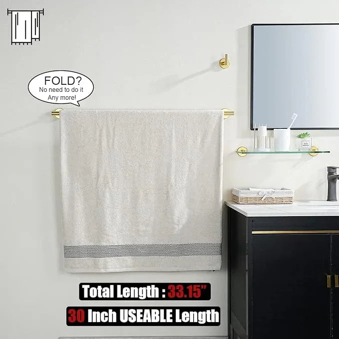 JQK Gold Towel Bar, 33 Inch 304 Stainless Steel Thicken 0.8mm Towel Rack Bathroom, Towel Holder Brushed Golden Wall Mount, Useable Length 30 Inch, TB110L30-BG - ModernBath