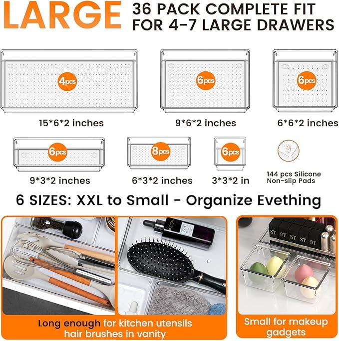 Criusia 36 Pack Large Clear Plastic Drawer Organizer Bins - 6 Size Acrylic Kitchen Drawer Organization and Storage for Utensils Gadgets, Office Bathroom and Vanity Organizer for Makeup Accessoires - ModernBath