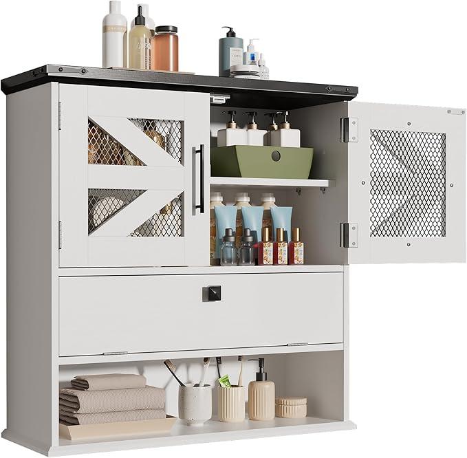 Wall Mounted Bathroom Cabinet with Double Doors, Flip-Down Storage and Open Shelf, Modern White Finish, Over-The-Toilet Space Saver Cabinet - ModernBath