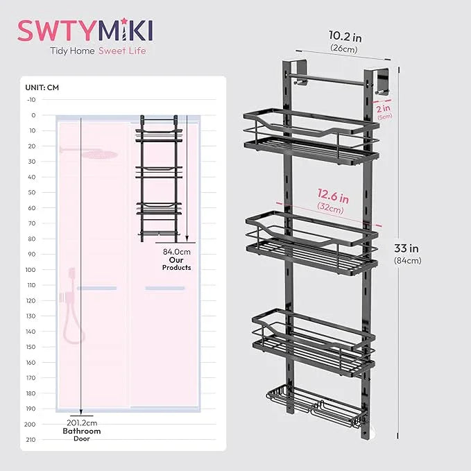 SWTYMIKI Over the Door Shower Caddy - 4 Tier Adjustable Shower Organizer Hanging with Soap Holder, No Drilling Stainless Steel Bathroom Rack Hanging for Body Wash, Shampoo, Soap, Razor, Black - ModernBath