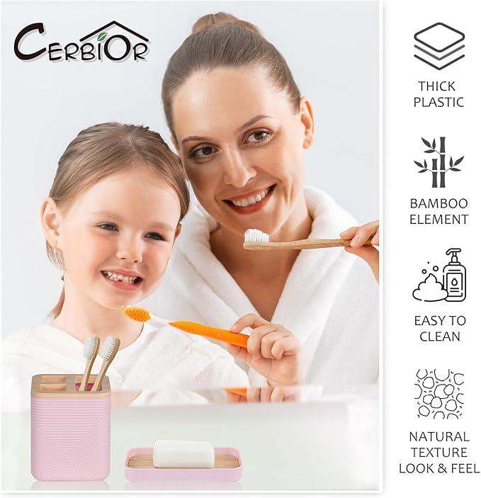 CERBIOR Bathroom Accessories Set 6 Piece Bamboo Bath Ensemble Includes Soap Dispenser, Toothbrush Holder, Toothbrush Cup, Soap Dish for Decorative Countertop and Housewarming Gift (Pink) - ModernBath