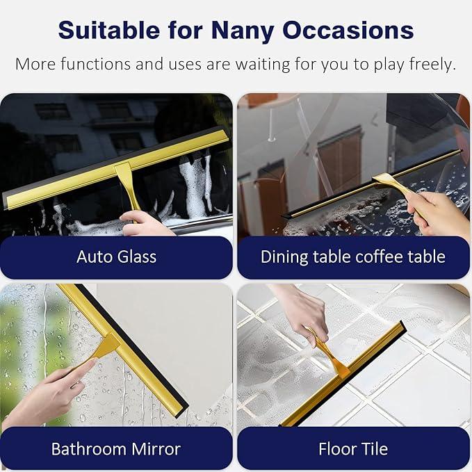 TOOVEM 14 Inch Shower Squeegee for Glass Doors, Window, Bathroom, Car Windshield, Shower Cleaning Tools with S Hook, Square Sticky Hook (Gold) - ModernBath