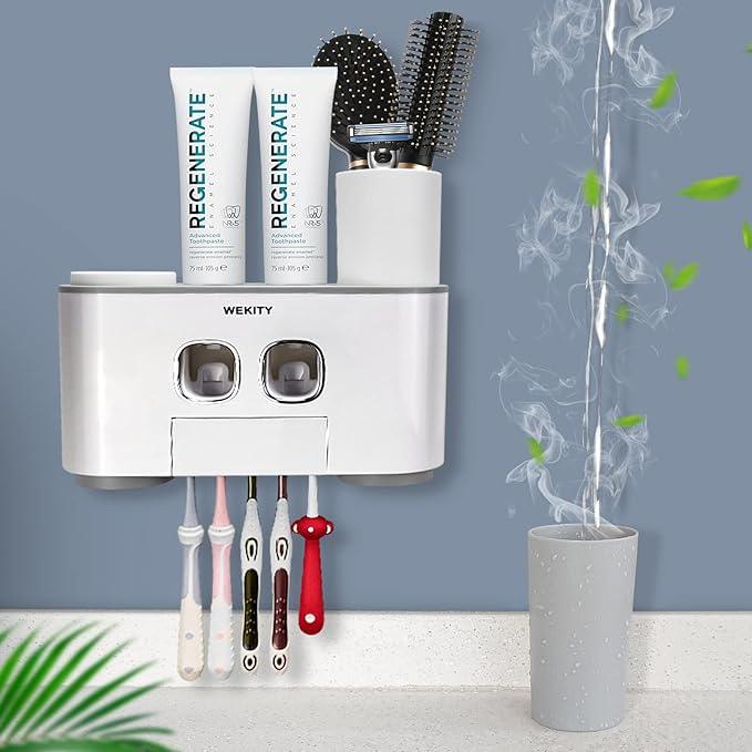 Toothbrush Holder Wall Mounted, WEKITY Multi-Functional Toothbrush and Toothpaste Dispenser for Bathroom, with 5 Toothbrush Slots, 2 Toothpaste Squeezers and 4 Cups(Grey) - ModernBath