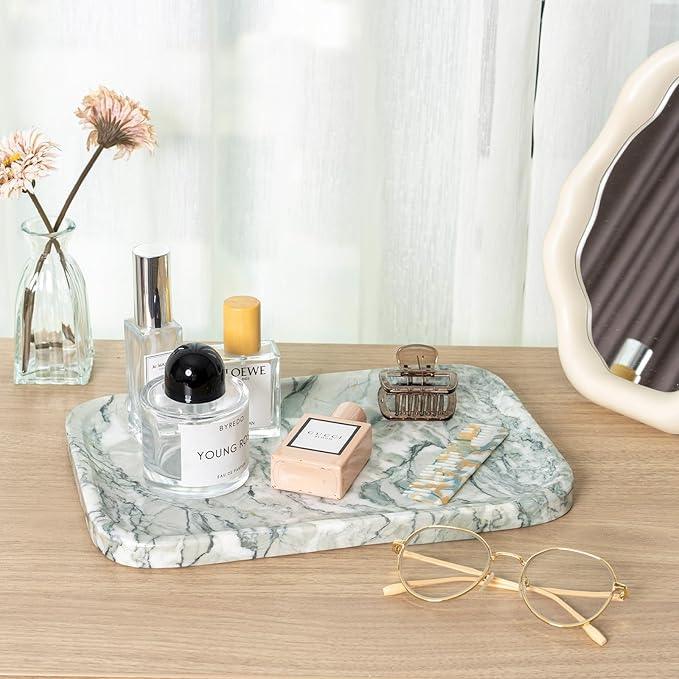 Karibiber Vanity Tray, Marble Bathroom Tray Countertop, Decorative Dresser Organizer, Green Stone for Perfume Jewelry Holder Storage for Kitchen Sink(Light Green) - ModernBath
