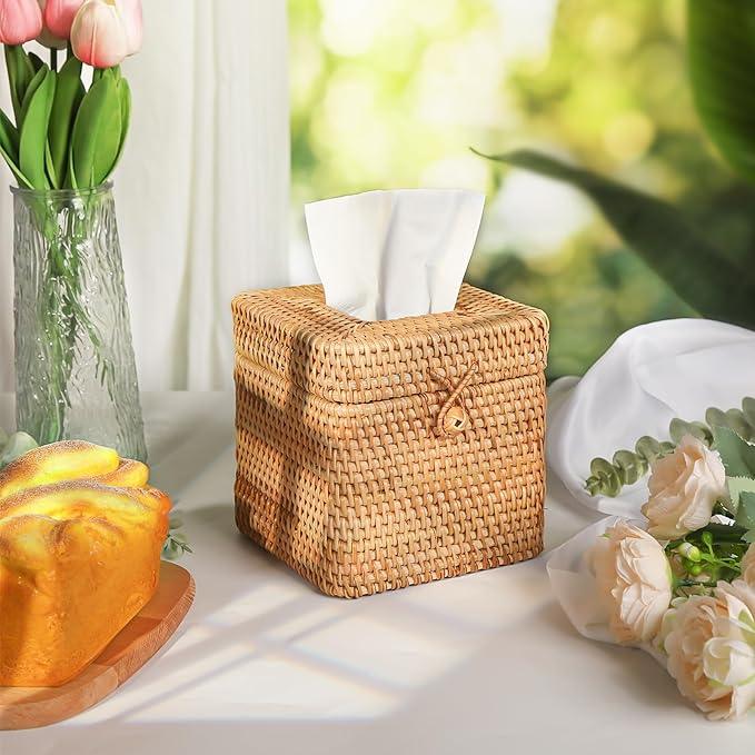 2 Pcs Rattan Tissue Box Cover 5.7" x 5.7" x 5.7"Rattan Square Tissue Box Cover Decorative Woven Facial Tissue Holder with Hinged Top Lid for Home Office Desk Living Room Bathroom Dec - ModernBath