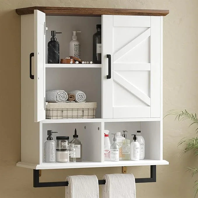 Farmhouse Bathroom Wall Cabinet with Adjustable Shelves & Towel Racks, White Wall Mounted Medicine Cabinet, Over The Toilet Storage Cabinet for Bathroom, Kitchen, Laundry Room - ModernBath
