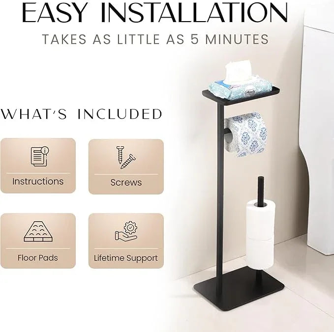 Day Moon™ Matte Black Toilet Paper Holder Free Standing Toilet Paper Holder with Storage - Toilet Paper Stand and Tissue Holder for Bathroom - Toilet Paper Holder with Shelf and Wipe Holder - ModernBath