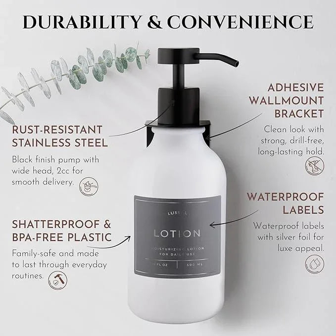 Shampoo & Conditioner Dispenser - Shower Soap Dispenser Wall Mounted - Set of 3 16.9 Oz Plastic Bottles with Pump & Holder - Shampoo Dispenser - Shower Dispenser Chamber No Drill (3 X White/Black) - ModernBath