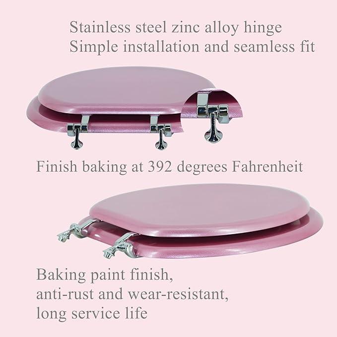 BLOFDE Elongated Toilet Seat Wood Toilet Seat Prevent Shifting with Zinc Alloy Hinges American Standard Size Toilet Seat Easy to Install also Easy to Clean (Elongated,Sparkling Pink) - ModernBath