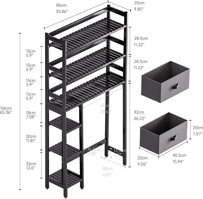 SMIBUY Over-The-Toilet Storage Rack, 6-Tier Bamboo Large Bathroom Organizer with Side Shelves and 2 Drawers, Stable Freestanding Space Saver for Bathroom, Laundry Room(Black) - ModernBath
