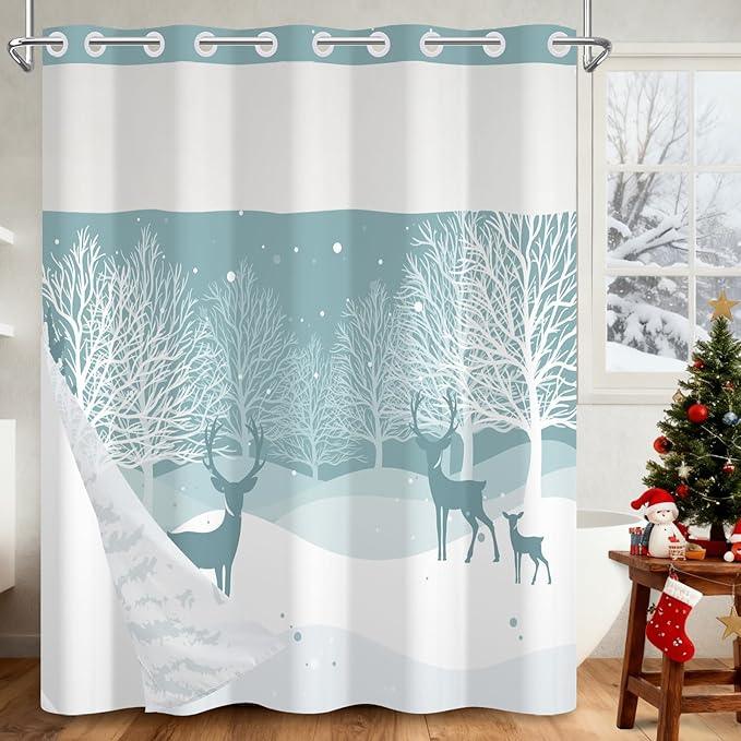 TQUQOBU No Hook Reindeer Christmas Shower Curtain with Snap in Liner, Waterproof Winter Shower Curtain with Sheer Top Window, Snowy Forest Holiday Shower Curtains for Bathroom, 71x74 Inches - ModernBath