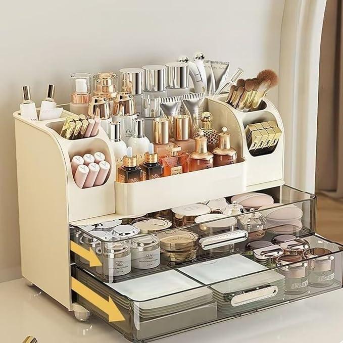 Makeup Organizer with Drawers for Vanity,Bathroom Countertop Organizer with Brushes Holder,Skincare Storage Organizer,Perfect Cosmetic Display Case for Skincare,Lipstick and Beauty Essential (Cream) - ModernBath
