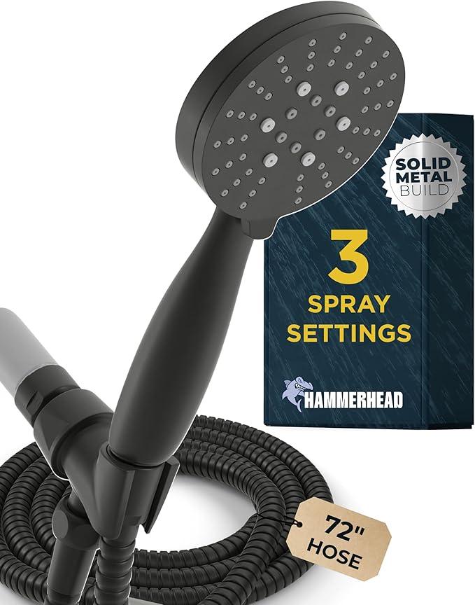 HammerHead Showers® Solid Metal 3-Spray Handheld Shower Head with Long Hose and Holder - MATTE BLACK - 2.5 GPM High Pressure Shower Head with Handheld Sprayer - WIDE, MASSAGE, and MIST Sprays - ModernBath