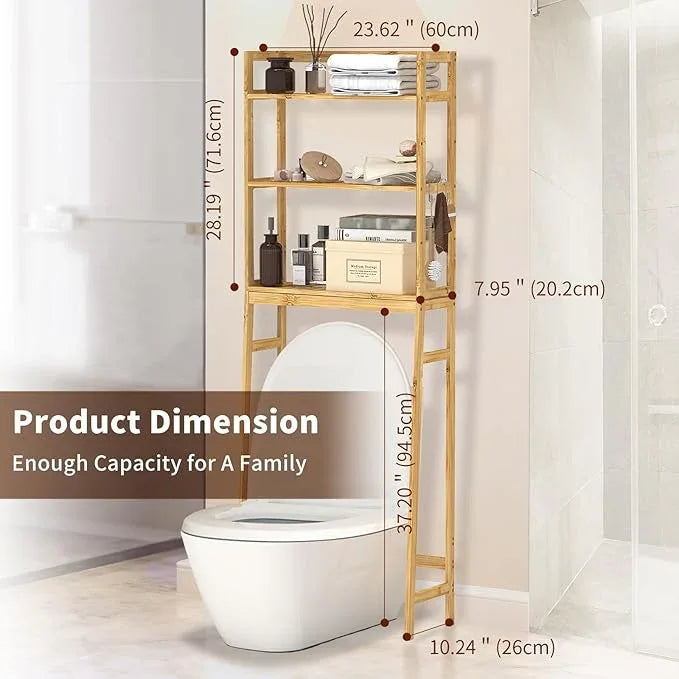 BAMBANG Over The Toilet Storage Rack, 3-Tier Over The Toilet Storage Shelf with 3 Hooks, Freestanding Above Toilet Bathroom Organizer Shelves for Space Saver Storage, Bamboo Natural - ModernBath