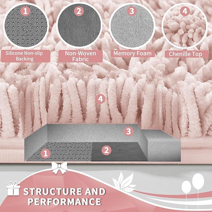 Yimobra Toilet Rugs U Shaped Washable, Extra Thick Soft Absorbent Chenille Contour Bathroom Rugs for Toilet 24x24 Inch, Quick Dry Non Slip Toilet Mat for Bath Floor, Pink - ModernBath
