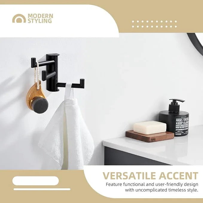 Angle Simple Swivel Towel Hook 3 Arms, SUS 304 Stainless Steel Foldable Bathroom Robe Towel Hook, Wall Coat Holder, Matte Black - ModernBath
