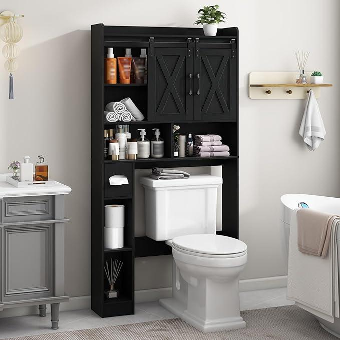 Vabches Over The Toilet Storage Cabinet, Farmhouse Storage Cabinet Over Toilet with Sliding Doors & Toilet Paper Holder Stand，Home Space-Saving Toilet Rack, for Bathroom, Laundry and Restroom.Black - ModernBath