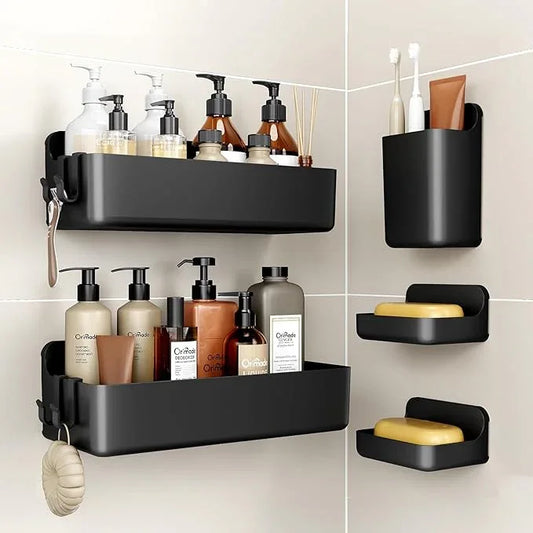 Orimade Shower Caddy 5-Pack, No-Drill Adhesive Shelves for Bathroom, Rustproof ABS Storage Organizer Set, Black - ModernBath
