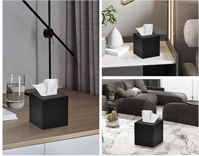 GOLRANLYE Tissue Box Cover Square PU Leather Facial Tissue Box Holder for Dresser Bathroom Decor (Black) - ModernBath