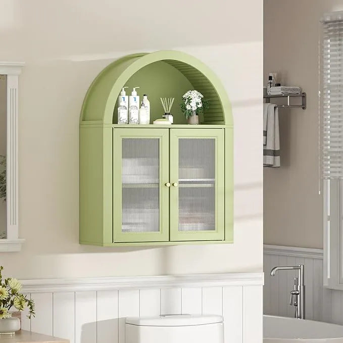 Bathroom Wall Cabinet, Arched Cabinet Wall Mount, 2 Acrylic Doors, 1 Adjustable and Removable Shelf, for Laundry Room, Living Room, Restroom, Kitchen, Green - ModernBath