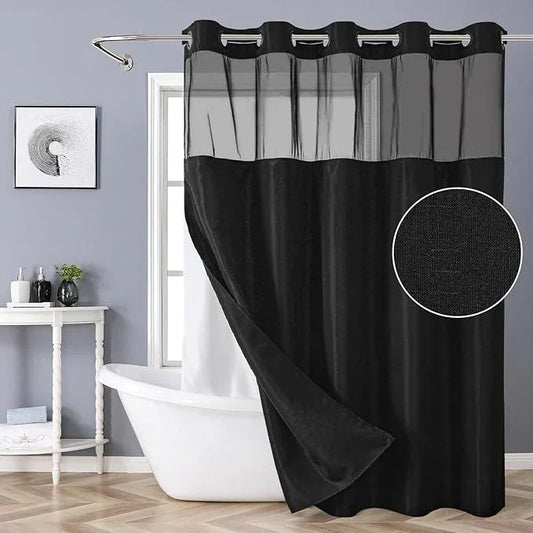 eachope Black Long No Hook Shower Curtain with Snap-in Fabric Liner Set,Slub Textured Fabric Shower Curtains for Bathroom,Hotel Style Modern Shower Curtain,Water Repellent & Washable,71x80(78) - ModernBath