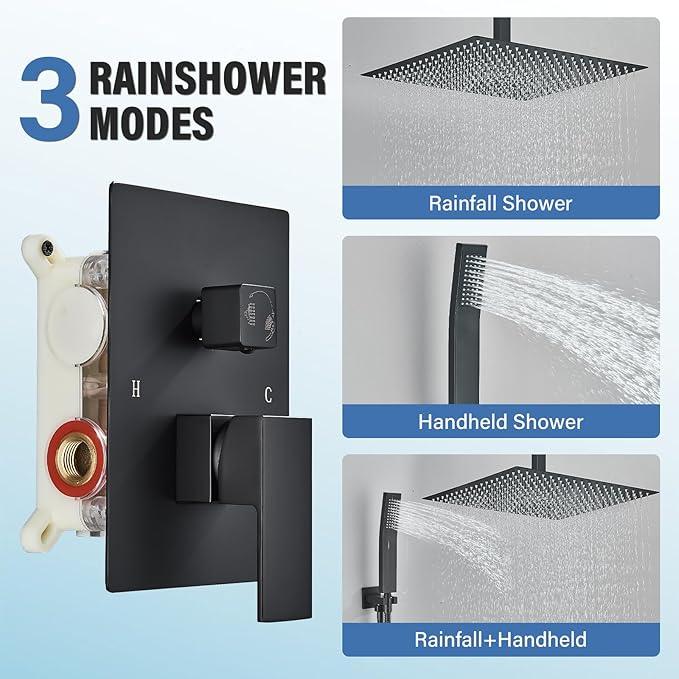 Shower Faucet Set Matte Balck Rain Shower System with High Pressure 12 Inches Rain Shower Head and Handheld Spray Bathroom Luxury Rain Mixer Shower Complete Combo Set Ceiling Mounted - ModernBath