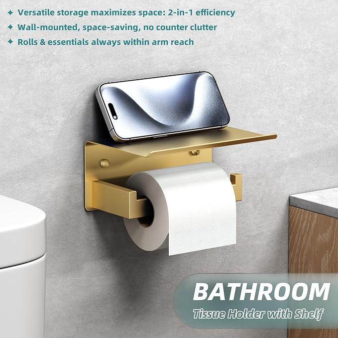 Toilet Paper Holder with Shelf Brushed Gold, APLusee SUS 304 Stainless Steel Modern Bathroom Accessories Tissue Roll Dispenser Storage - ModernBath