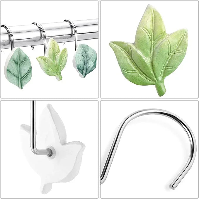 Gibelle 12PCS Leaves Shower Curtain Hooks, Green Plant Decorative Leaf Shower Curtain Hooks Metal Rustproof Cute Eucalyptus Shower Curtain Rings Bathroom Decoration Accessories - ModernBath