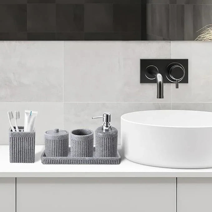 XLHOMO Resin Grey Bathroom Accessories Set 5 Pcs, Lotion Soap Dispenser, Toothbrush Holder, Bathroom Tumbler, Qtip Holder and Vanity Tray, Bathroom Countertop Organizer Set for Modern Home Apartment - ModernBath