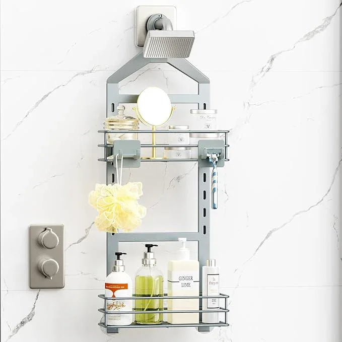 Orimade Adjustable Anti-slip Shower Caddy over Shower Head, Rustproof Bathroom Hanging Organizer with 2 Hooks for Razor, No Drilling Shelves Storage Rack 2 Tier, Light Grey - ModernBath