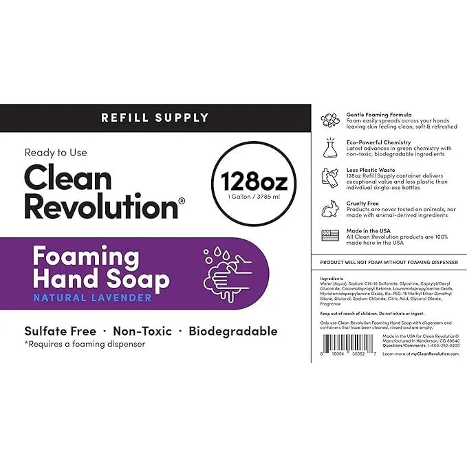 Clean Revolution Foaming Hand Soap Refill Supply Container, Ready to Use Formula, Gluten Free, Natural Lavender Fragrance, 128 Fl. Oz, 4 Pack - ModernBath