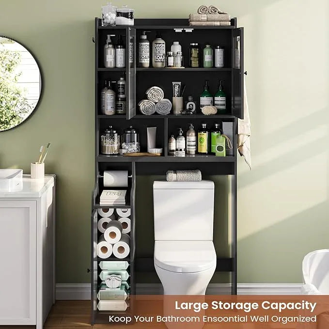Itaar Over The Toilet Storage Cabinet, Over Toilet Bathroom Organizer with Glass Doors & Toilet Paper Holder Stand, Home Space-Saving Toilet Rack, for Bathroom, Restroom, Laundry(Black) - ModernBath
