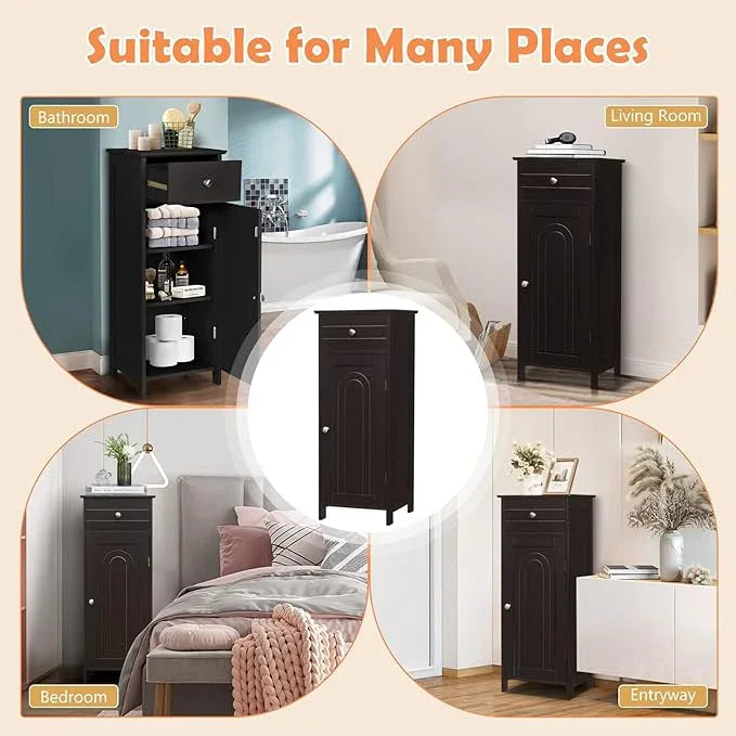 COSTWAY Bathroom Storage Cabinet, Single Door Floor Cabinet with Drawer and 3-Level Adjustable Shelves, Modern Side Storage Organizer with Anti-Tipping Device for Living Room, Bedroom (Brown) - ModernBath