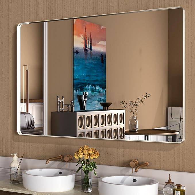 WEER 60X36 Inch Brushed Nickel Bathroom Mirror, Brushed Silver Metal Frame Mirror, Rounded Rectangle Silver Bathroom Vanity Mirror, Tempered Glass, Anti-Rust, Hangs Horizontally or Vertically - ModernBath