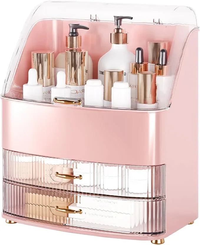 Makeup Organizer Countertop Vanity with Transparent Lid Drawers Waterproof Dustproof Cosmetic Skincare Bathroom Storage Gift for Women Teens Girls (Pink) - ModernBath