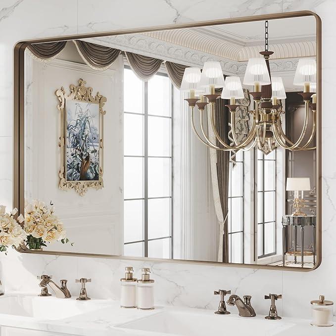 WEER 48x32 Inch Bronze Bathroom Mirror for Vanity, Brushed Bronze Metal Frame Mirror for Wall, Rounded Rectangle Bronze Frame Mirror with Tempered Glass, Anti-Rust (Horizontal/Vertical) - ModernBath