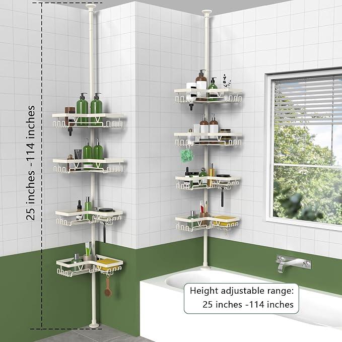 KEGII Shower Corner Caddy Tension Pole, Rustproof Corner Bathroom Organizer, No Drilling Bathtub Shelf for Inside Shower, Waterproof Bathroom Tub Organizer, Fits 25-114.2 Inch Height, Cream White - ModernBath