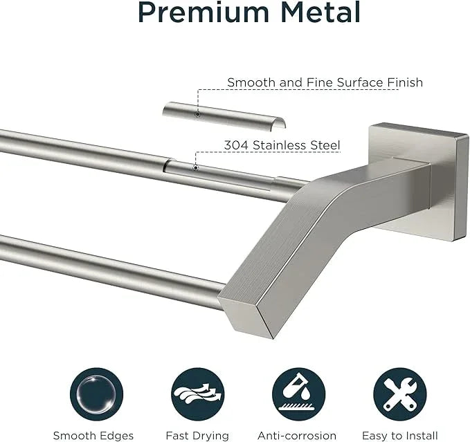 FORIOUS Double Towel Bar, 24 Inch Dual Towel Racks for Bathroom Wall Mounted, Thicken SUS304 Stainless Steel Bath Square Towel Rod Towel Holder Rail, Brushed Nickel - ModernBath