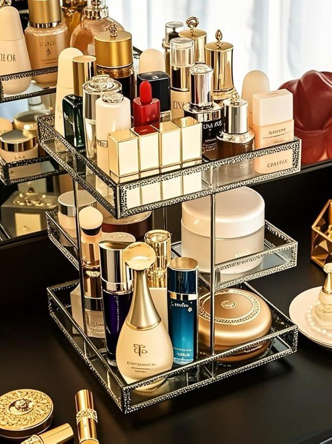 Vintage Glow Antique 360 Degree Rotating Makeup Organizer,4-Tier Spinning Perfume Tray,Countertop Cosmetic Storage ,Glass Beauty Display,Retro Large Capacity Vanity Organizer for Brushes Skincare - ModernBath
