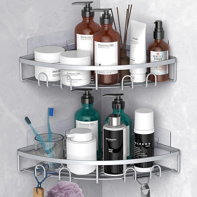Corner Shower Caddy, 2 Pack Adhesive Bathroom Shower Corner Organizer Shelf, No Drilling Rustproof Wall Mounted Shower Storage Rack Shampoo Holder Organizer (Silver) - ModernBath