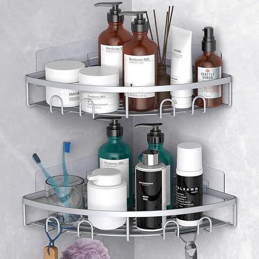 Corner Shower Caddy, 2 Pack Adhesive Bathroom Shower Corner Organizer Shelf, No Drilling Rustproof Wall Mounted Shower Storage Rack Shampoo Holder Organizer (Silver) - ModernBath