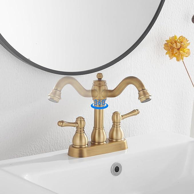 GGStudy Antique Brass Bathroom Faucet 2 Handles 4 Inches Centerset RV Bathroom Vanity Faucet with Drain Assembly and Supply Hose Lavatory Faucet - ModernBath