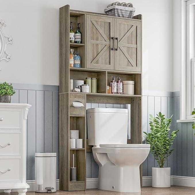 Over The Toilet Storage Cabinet, Farmhouse Storage Cabinet Over Toilet with 2 Barn Door & Toilet Paper Holder Stand, Home Space-Saving Rack, for Bathroom, Restroom (Grey). - ModernBath