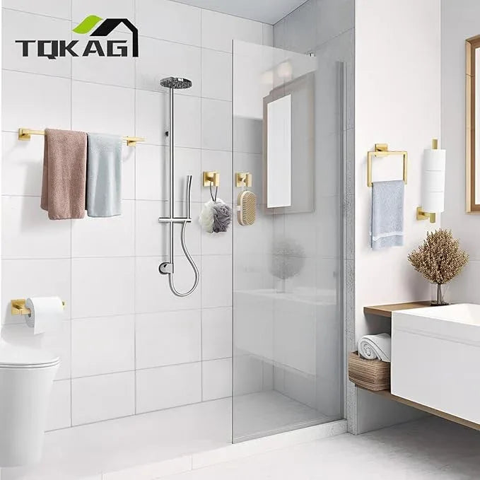 TQKAG 7-Pieces Brushed Gold Bathroom Hardware Accessories Set 23.6" SUS304 Stainless Steel Towel Bar Set Toilet Paper Spare Rolls Storage Holder Wall Mounted - ModernBath