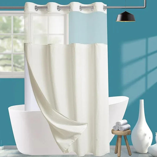 Conbo Mio Stall No Hook Waffle Weave Shower Curtain with Snap in Liner Set, Hotel Luxury Beige Shower Curtains for Bathroom with See Through Top Window, Waterproof, Washable 54W x 74H - ModernBath
