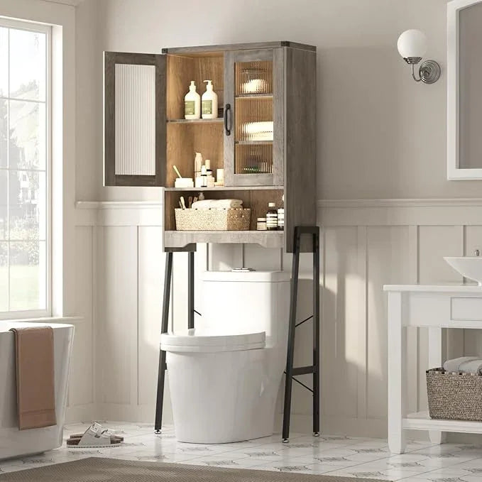 Over The Toilet Storage Cabinet with Tempered Glass Doors and Adjustable Shelf, Bathroom Organizer with Metal Stand Space Saver Over Toilet , Modern Toilet Rack for Bathroom, Restroom, Laundry, Grey - ModernBath