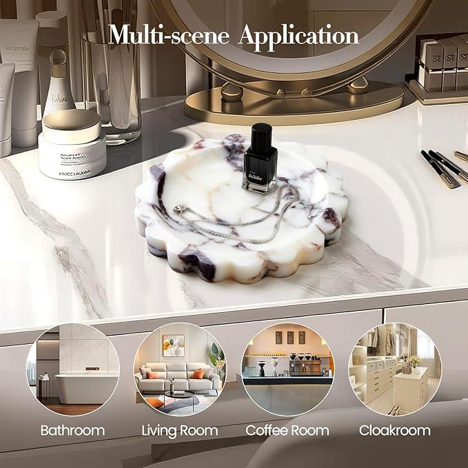 SAMAH Calacatta Viola Scalloped Marble Tray, Natural Marble Jewelry Dish, Luxury Decorative Trays for Bathroom, Vanity, Dresser, Kitchen & Home Decor, House Warming Gifts New Home (Round, 6.3Inch) - ModernBath