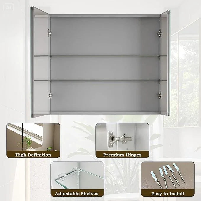 Bathroom Medicine Cabinet Mirror with Storage, 40 Inch x 26 Inch Silver Medicine Cabinet with Double Door & Adjustable Shelves for Vanity, Aluminum Surface, Wall-Mount or Recessed - ModernBath