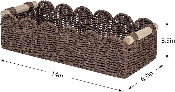 CubesLand Paper Rope Scalloped Edge Shelves Storage Basket, Woven Toilet Paper Baskets for Over Toilet Storage Shelf, Ending Table, Floating Shelves Organizing or Home Décor, with Wood Handle, Brown - ModernBath